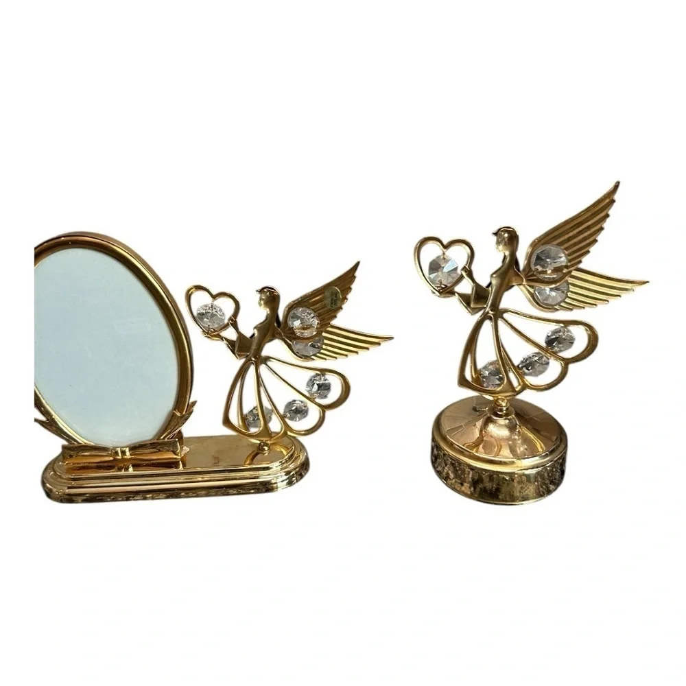 MOSCOT INC 24K Gold Plated Austrian Crystal  Picture Frame, Music Box Angel Set